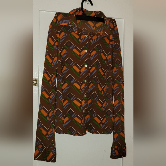 Sisley Italy Geometric Retro Print   Vintage Made In Italy Mesh  Button Shirt - Picture 3 of 10